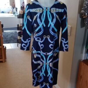 Chic J McLaughlin Navy Dress with Blue and Gold belt pattern size medium